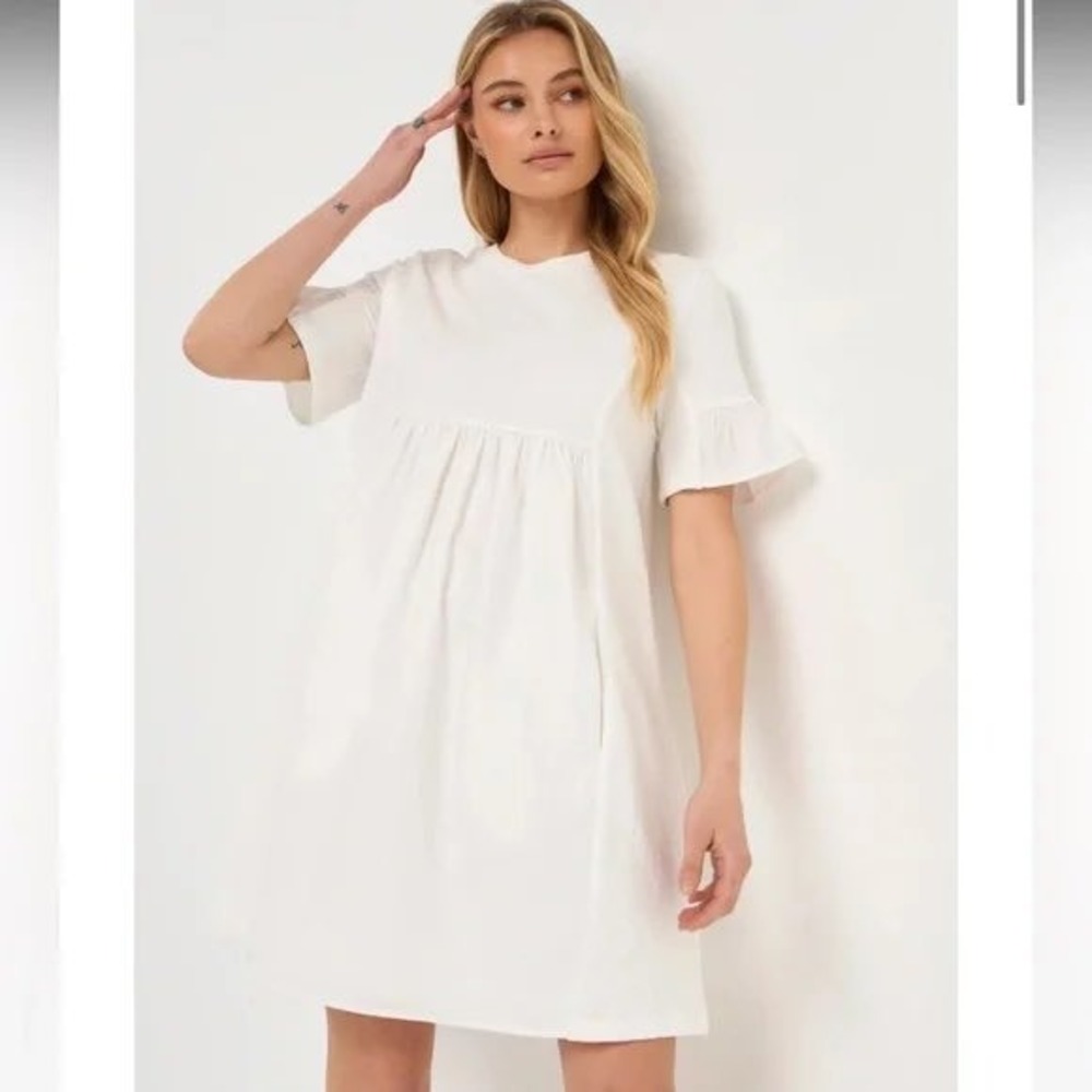 English Factory White Mixed‎ Media Ruffle Sleeve Mini Dress Small Poplin Knit